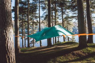 The Tentsile Connect Tree Tent in jade anchored between three tree trunks so that it appears to be floating above the ground in a woods