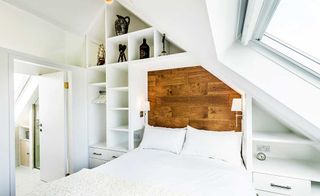 vaulted ceiling adds height to small bedroom