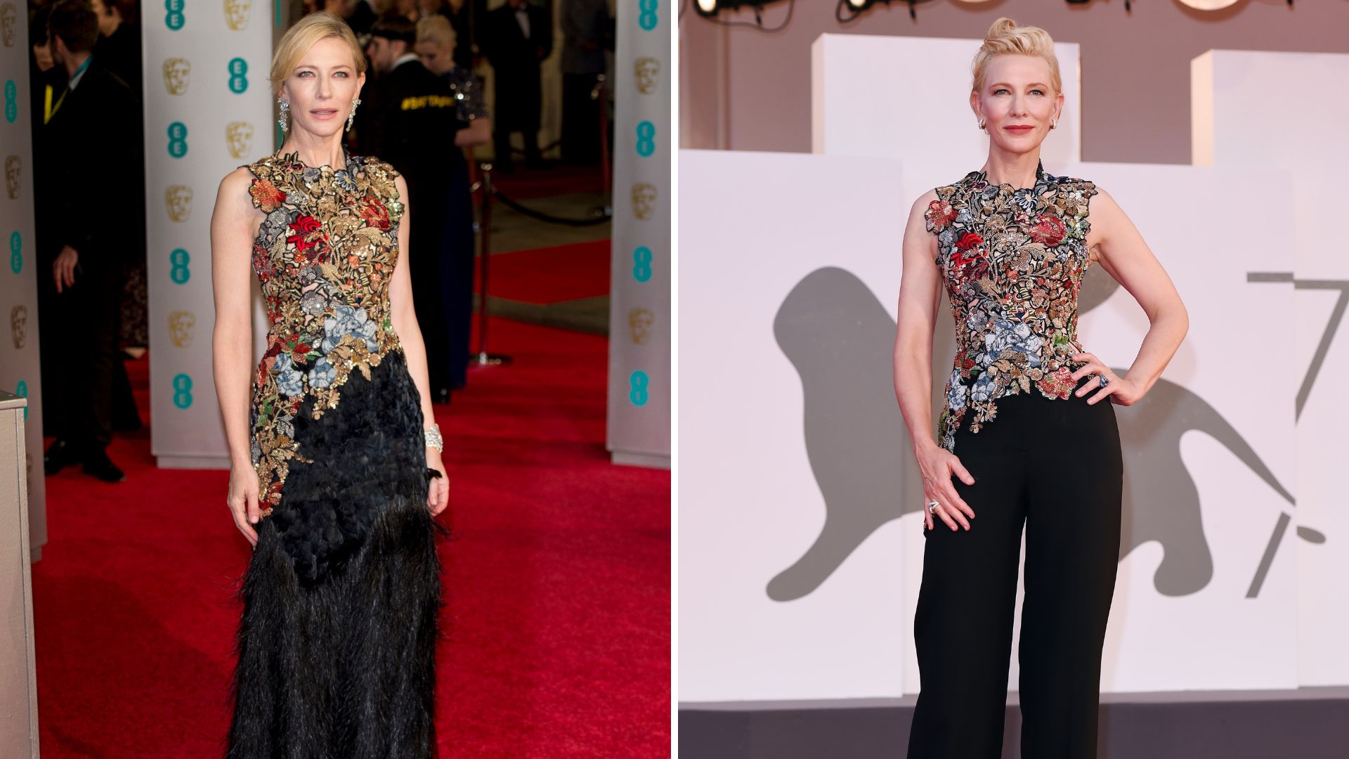 L-Cate Blanchett wearing a corset and skirt in 2016, R-Cate Blanchett wearing a corset and trousers in 2020