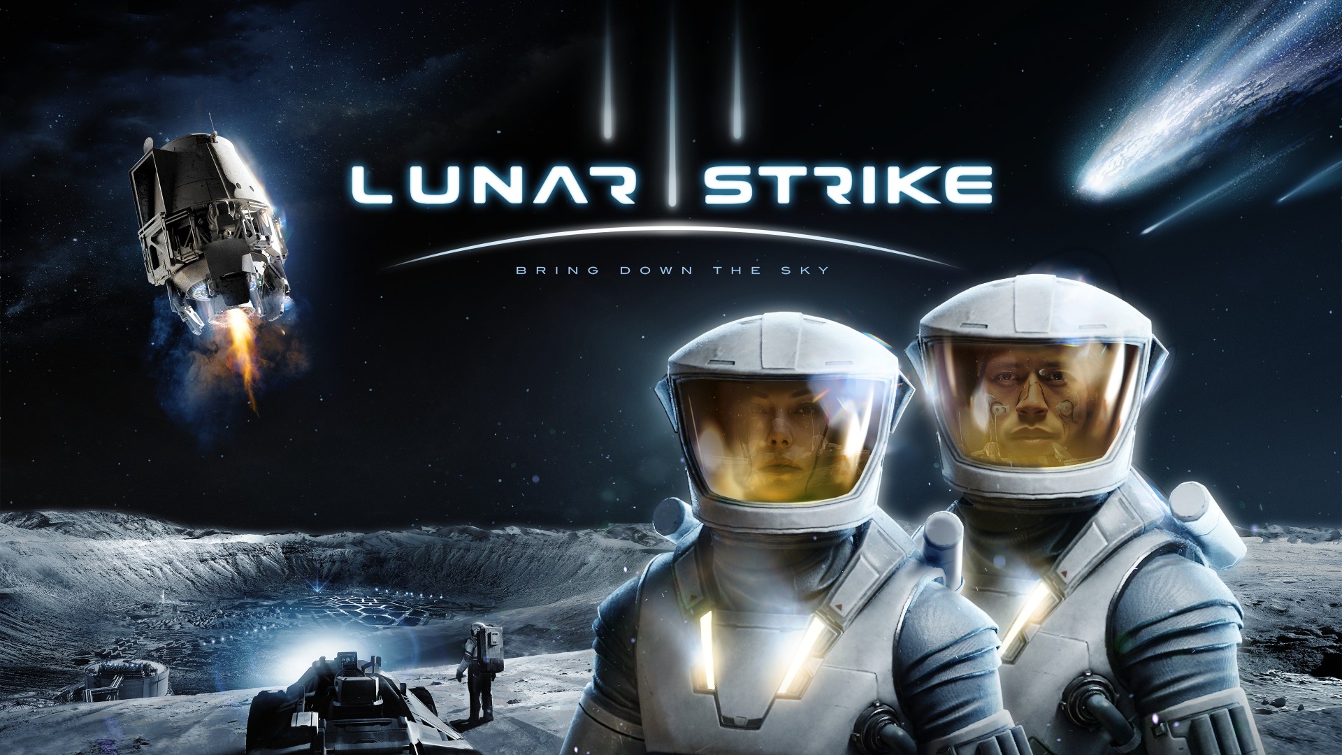 Key art for the video game Lunar Strike. Two astronauts are facing forwards. In the background is another astronaut standing next to a buggy, exploring the Moon. In the sky/space above there is a small spaceship. Text reads &quot;Lunar Strike&quot; and beneath that is the tagline &quot;Bring Down the Sky.&quot;