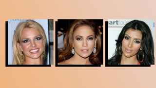 2000s iconic makeup looks collage of britney spears jennifer lopez and kim kardashian