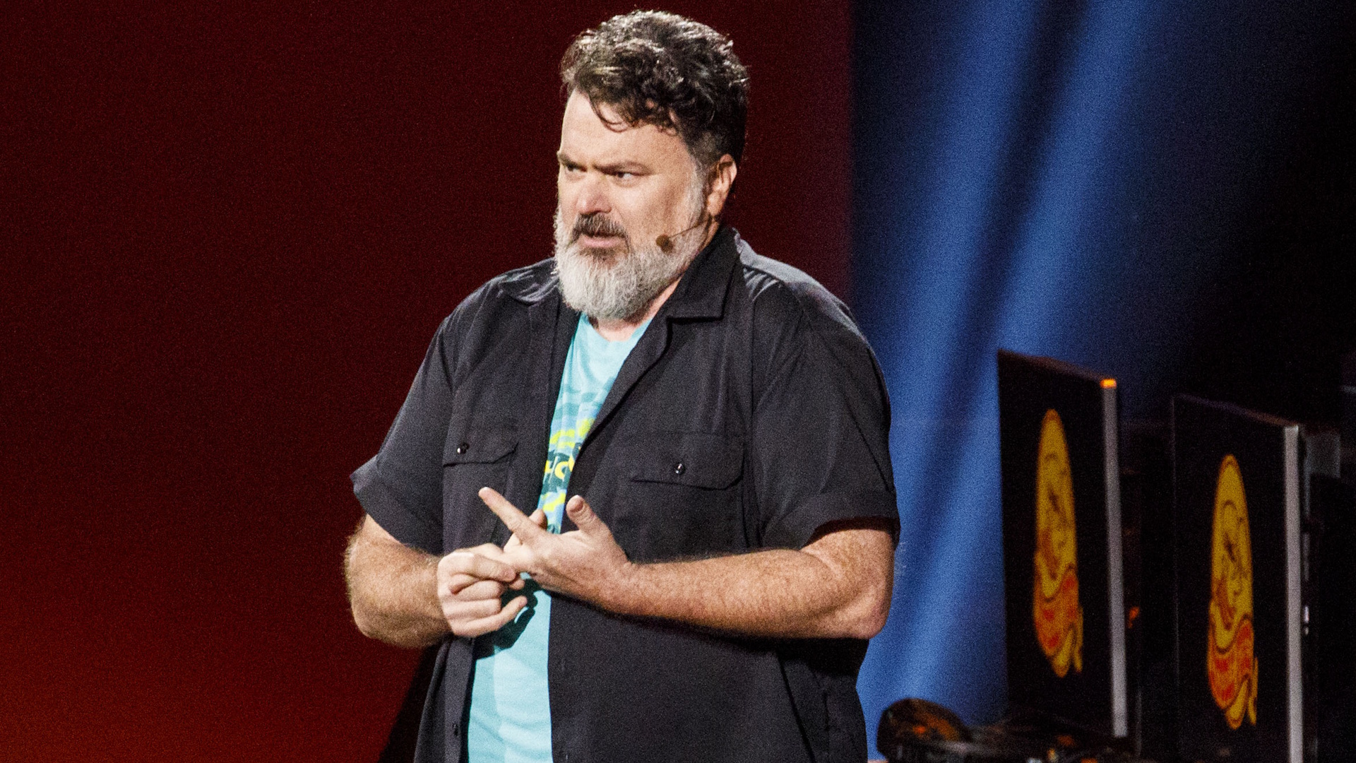 Tim Schafer, founder and president of Double Fine Productions, speaks during the Microsoft Corp. Xbox event ahead of the E3 Electronic Entertainment Expo in Los Angeles, California, U.S., on Sunday, June 9, 2019. Microsoft introduced its new Xbox console that will be four times more powerful than the current generation Xbox One X, thanks to an AMD processor that allows for 120 frames per second. Photographer: Patrick T. Fallon/Bloomberg via Getty Images