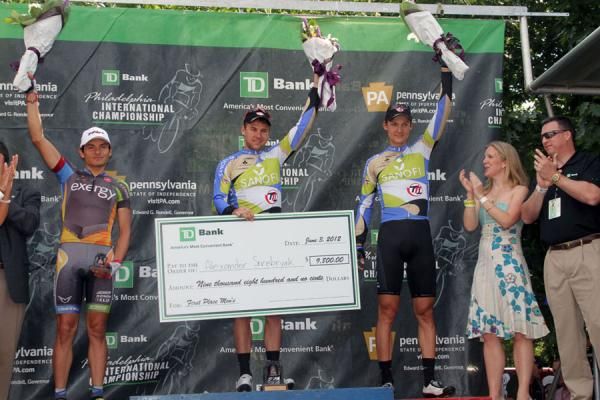The podium: Fred Rodriguez (Team Exergy), 3rd, Aleksandr Serebryakov (Team Type 1-Sanofi), 1st; Aldo Ino Ilesic (Team Type 1-Sanofi), 2nd