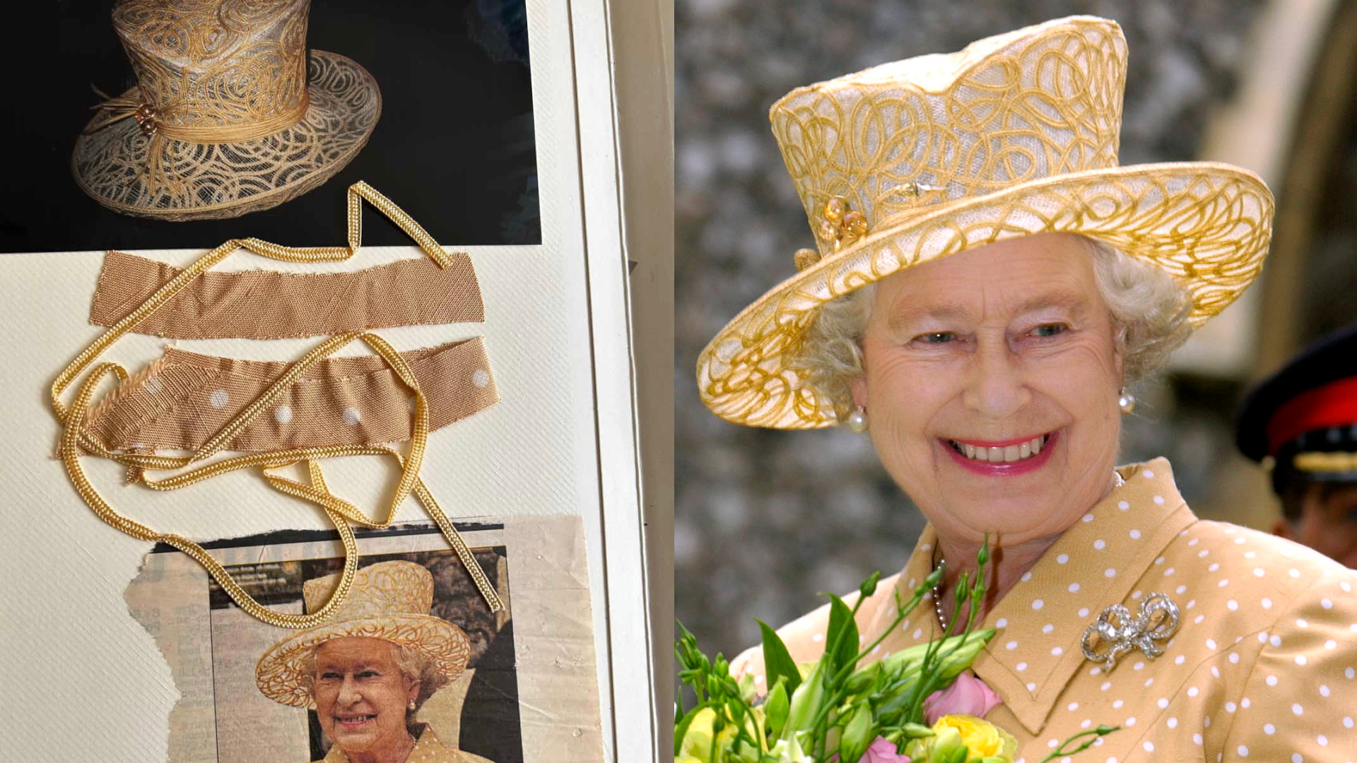 A scrapbook featuring a hat photo, pieces of fabric and a picture of Queen Elizabeth in the same golden hat 