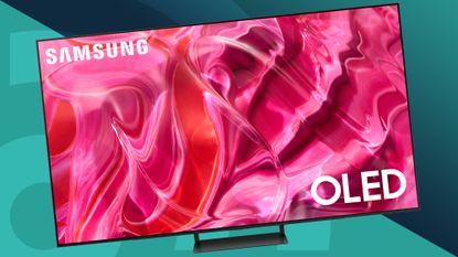 A Samsung S90C gaming TV in front of a dramatic two-toned background