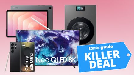Various Samsung products against a pink gradient background with 'Killer Deal' badge overlaid