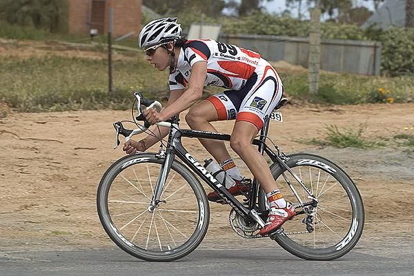 Joshua Prete (QSM Sports) corners into the home straight during stage ten in Ouyen.
