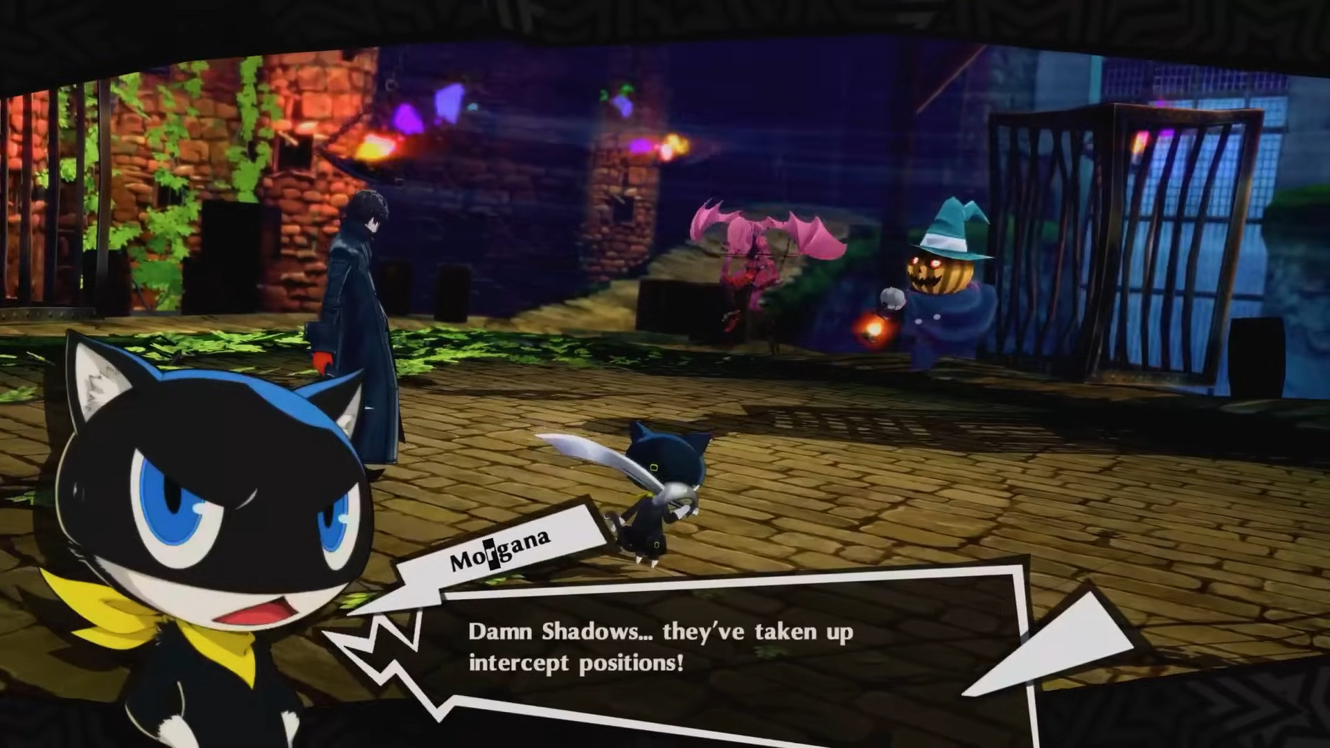 Morgana chatting to Joker before a fight in a dungeon during the RPG Persona 5 Royal