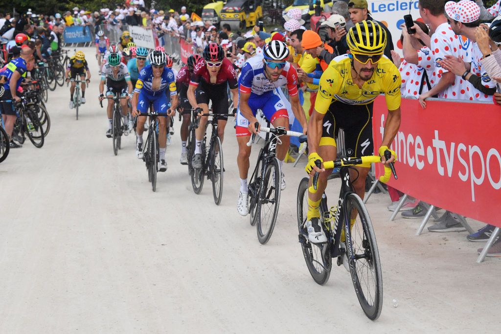 LA PLANCHE FRANCE JULY 11 Julian Alaphilippe of France and Team Deceuninck QuickStep Yellow Leader Jersey Thibaut Pinot of France and Team GroupamaFDJ Geraint Thomas of United Kingdom and Team INEOS Enric Mas of Spain and Team Deceuninck QuickStep Planche des Belles Filles 1140m during the 106th Tour de France 2019 Stage 6 a 1605km stage from Mulhouse to La Planche des Belles Filles 1140m TDF TDF2019 LeTour on July 11 2019 in La Planche France Photo by Bernard PaponPoolGetty Images