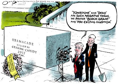 Political cartoon U.S. GOP Obamacare repeal Graham Cassidy block grant pre-existing condition