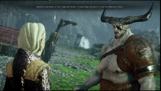My inquisitor recruits the Iron Bull, a Qunari warrior voiced by Freddie Prinze Jr.