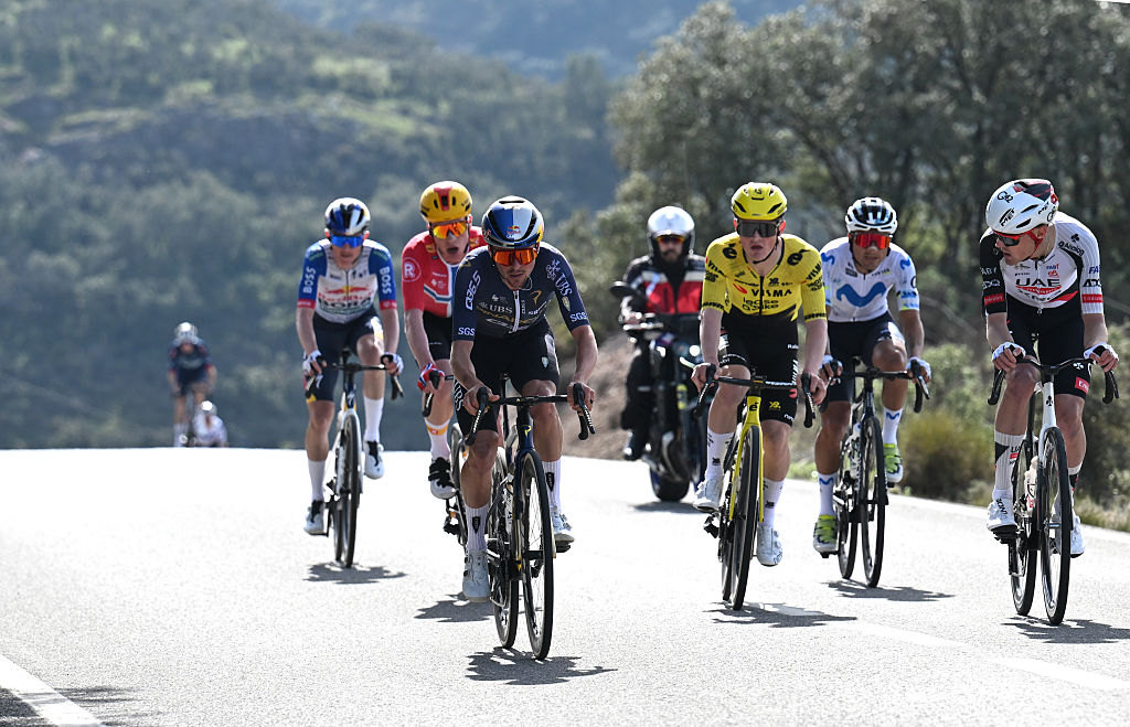 PIZARRA, SPAIN - FEBRUARY 18: Thomas Pidcock of Great Britain and Team Pinarello Q36.5 Pro Cycling, Andreas Leknessund of Norway and Team Uno-X Mobility, Pavel Sivakov of France and UAE Team Emirates - XRG and Axel Zingle of France and Team Visma | Lease a Bike lead the breakaway during the 72nd Vuelta a Andalucia Ruta Ciclista Del Sol 2026, Stage 1 a 150.1km stage from Benahavis to Pizarra on February 18, 2026 in Pizarra, Spain.