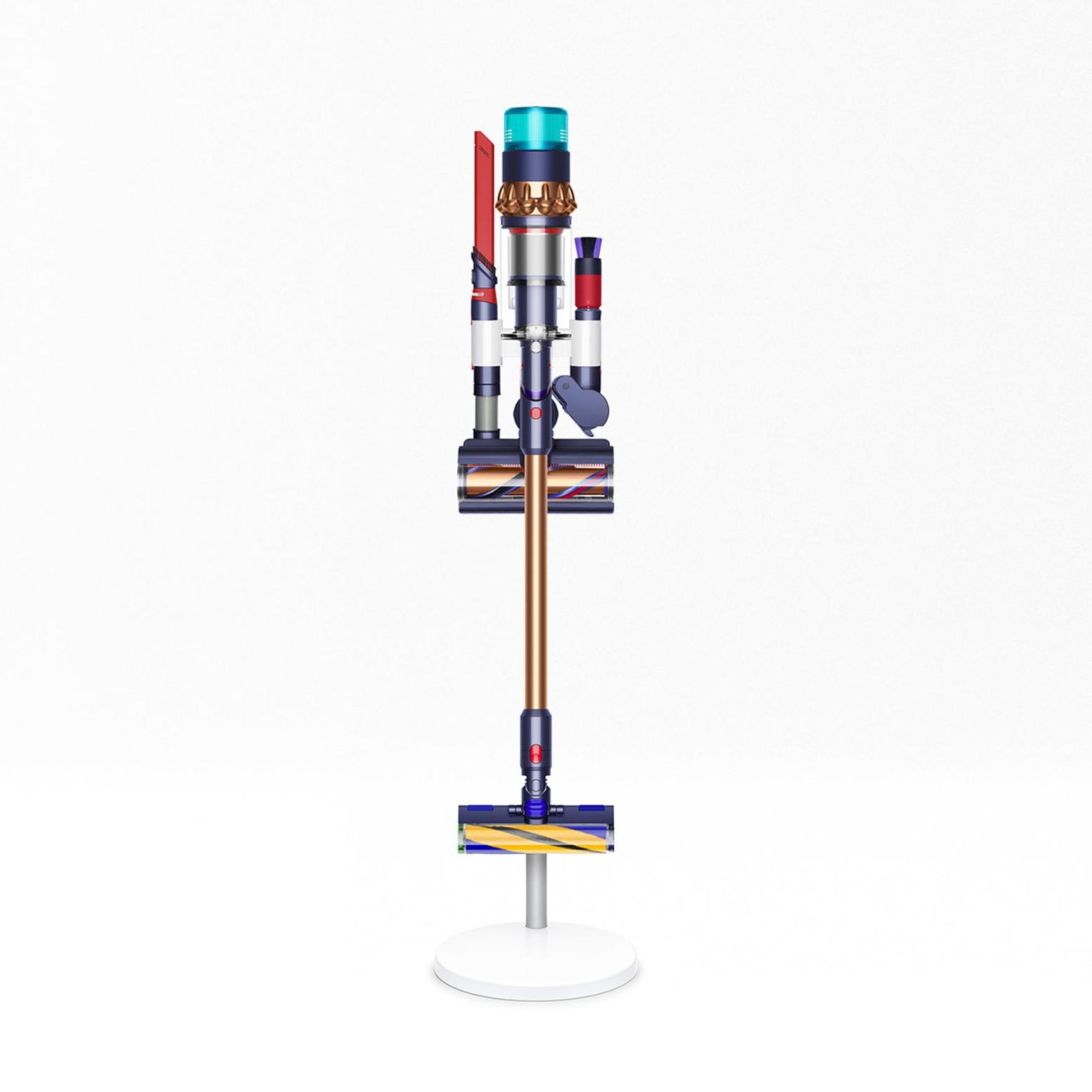 Dyson Floor Dok Multi housing Dyson Gen5detect cordless vacuum and five attachments, against white background.
