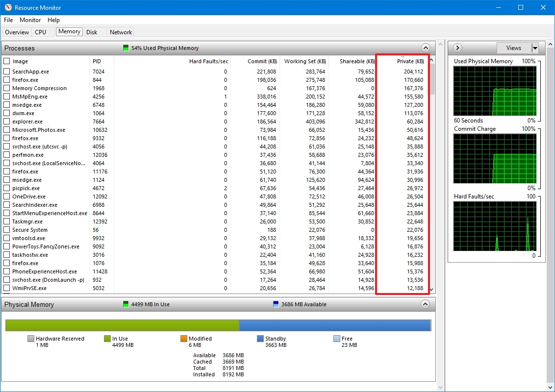 Coluna de memória privada do Monitor de recursos