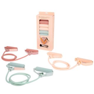Resistance bands with foam handles in pale blue, nude pink, and baby pink