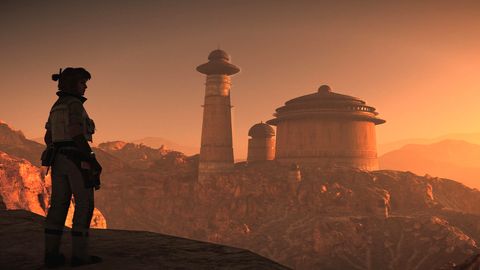 Star Wars Outlaws review; a woman stands looking over a desert palace