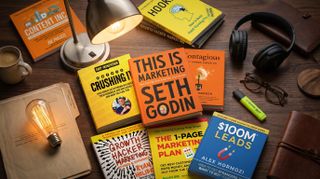 marketing books on a desk