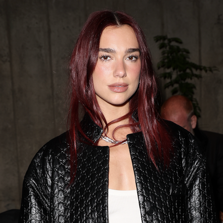 dua lipa wears an embossed leather jacket