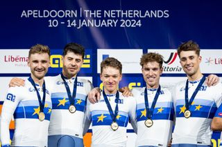 Picture by Alex Whitehead/SWpix.com - 11/01/2024 - Cycling - 2024 UEC Track Elite European Championships - Omnisport, Apeldoorn, Netherlands - Men’s Team Pursuit Final - Dan Bigham, Charlie Tanfield, Ethan Hayter, Ollie Wood and Ethan Vernon of Great Britain win Gold.