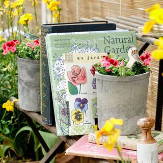 backyard garden with plants pots and gardening books