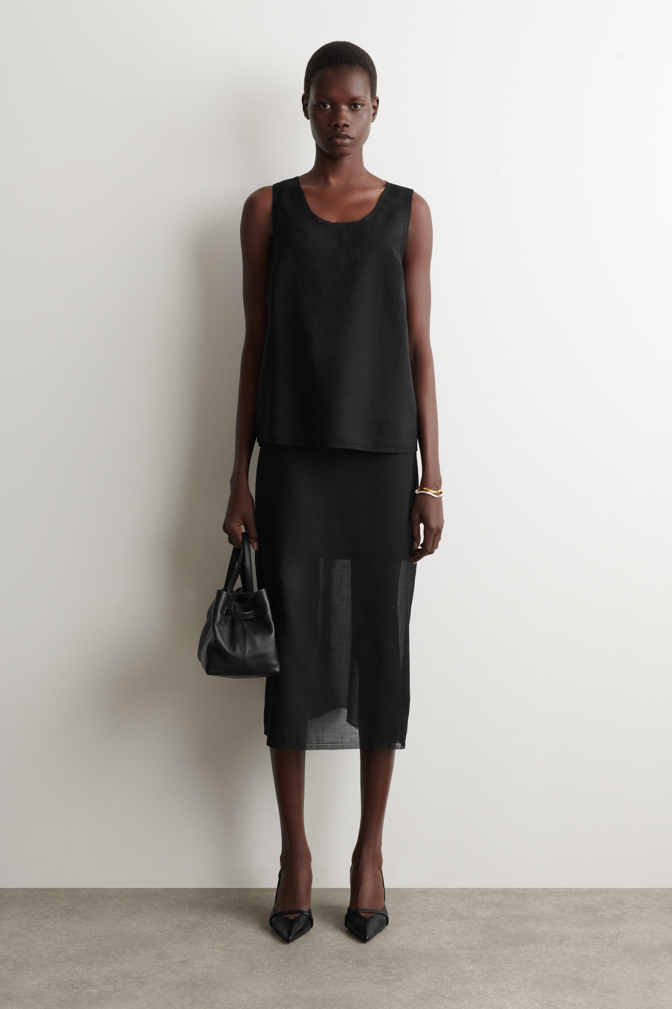 Semi-Sheer Layered Wool Midi Skirt