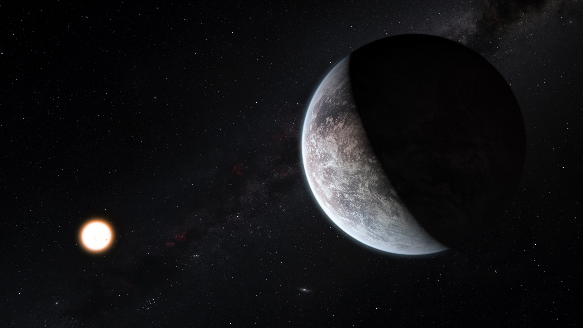 This artist’s impression shows the planet orbiting the Sun-like star HD 85512 about 35 light-years from Earth.