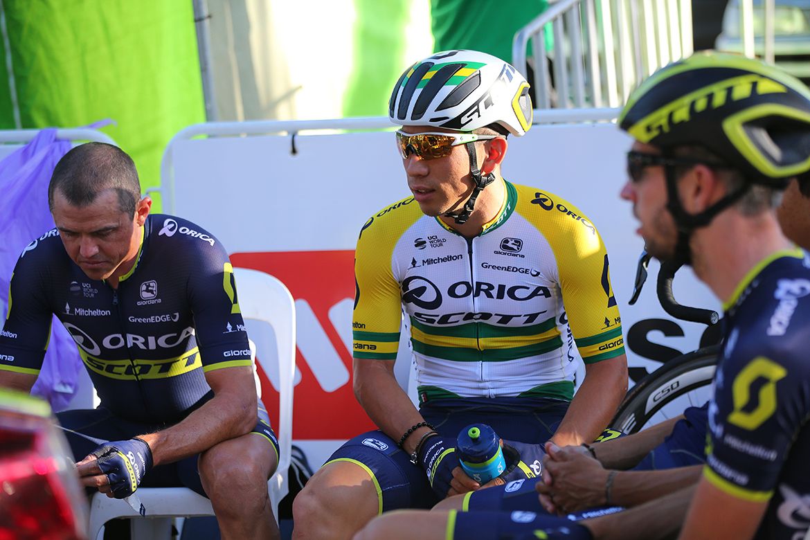The Orica-Scott team relax before the start