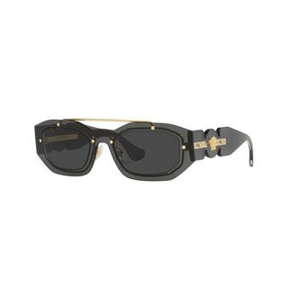 Black square framed small sunglasses with gold metal bar across the top of the lenses and gold logo detailing on the arms.