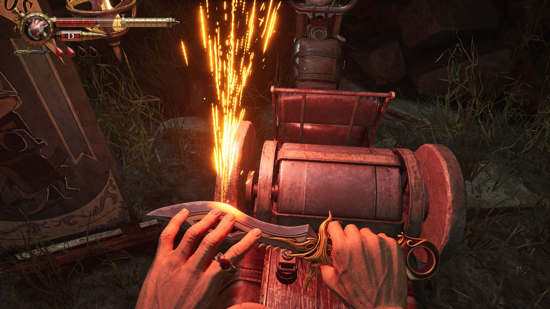 Sharpening a knife at a whetstone in Crisol: Theater of Idols