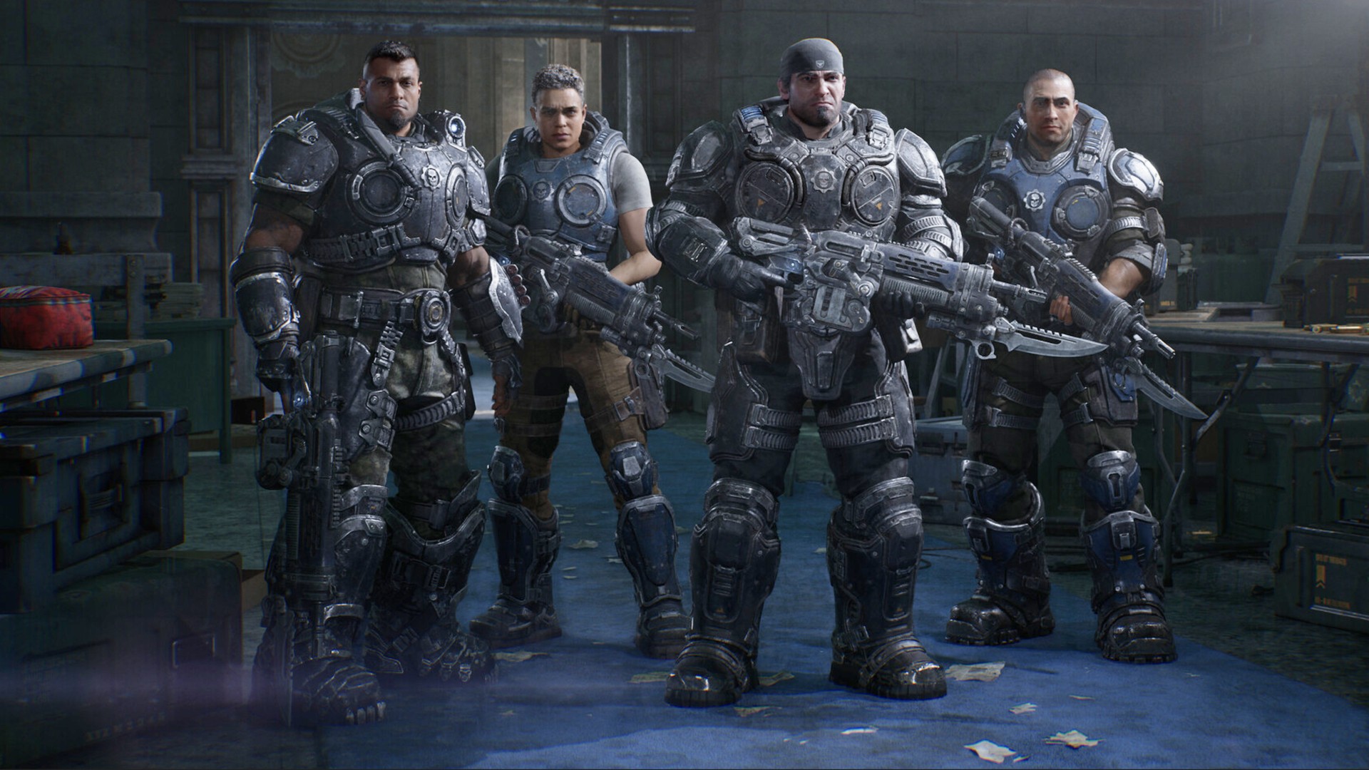A squad of four readies up for the Gears of War E-Day multiplayer beta.