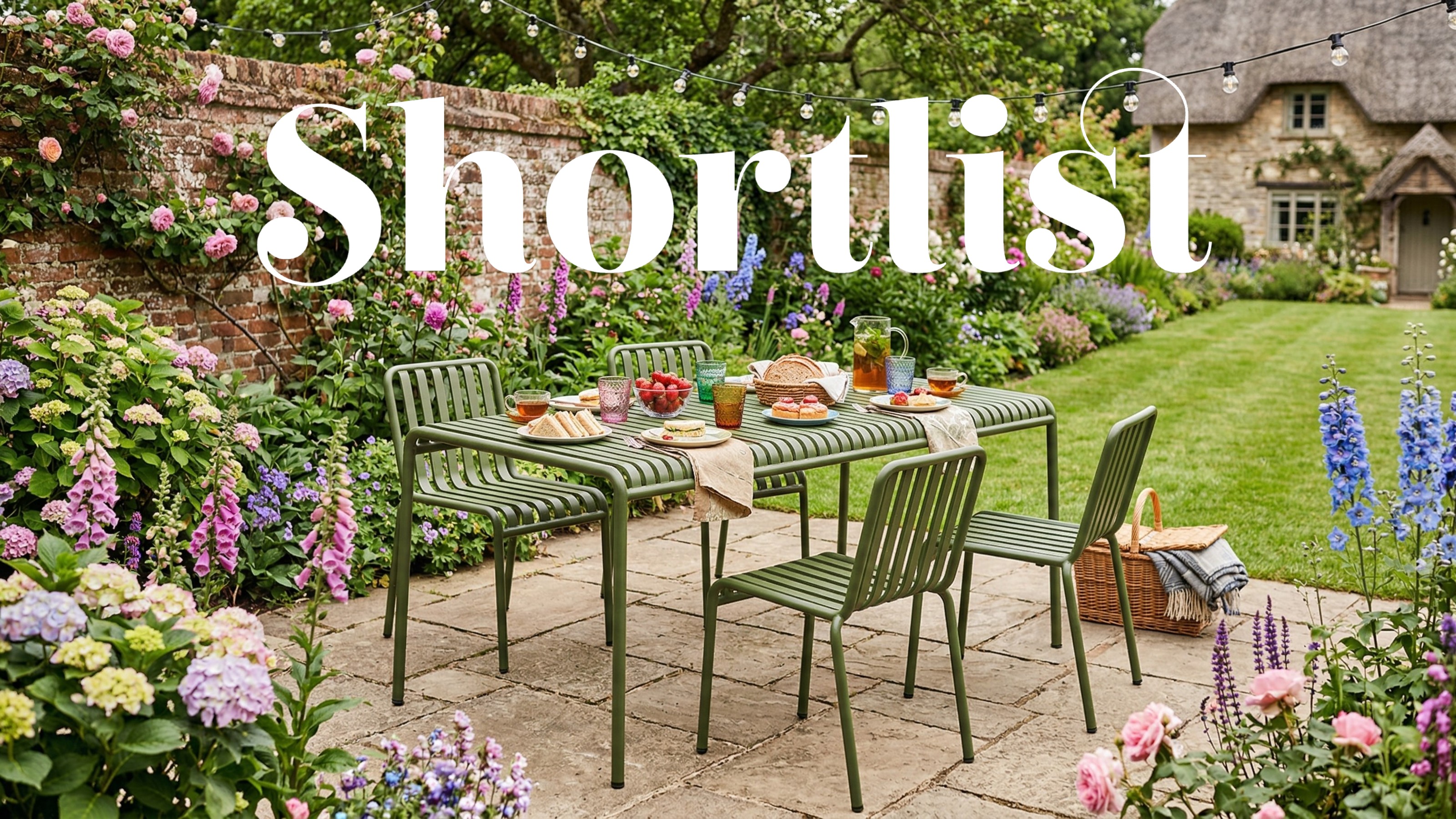 HAY Palissade garden dining set in green with food and drink on top of the table set in an English garden