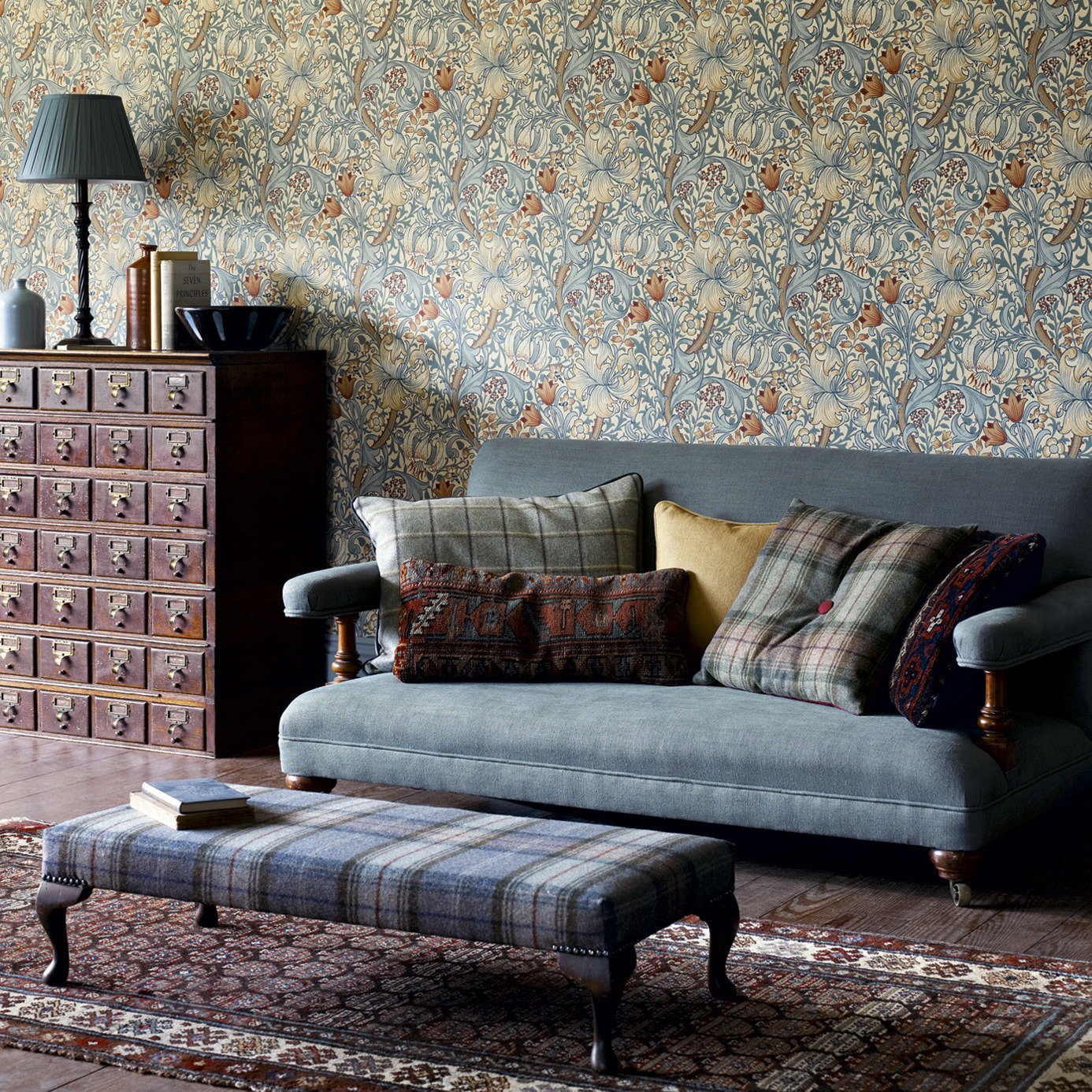 Morris & Co. Golden Lilies on Blue Floral Wallpaper