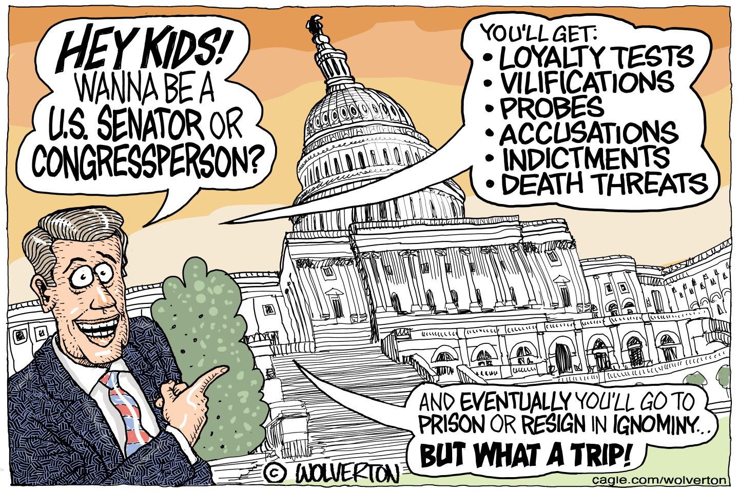 
                                A caricature of a male politician in a suit stands outside the U.S. Capitol building. He says, “Hey kids! Wanna be a U.S. Senator or a congresperson? You’ll get: Loyalty tests, vilifications, probes, accusations, indictments, death threats. And eventually you’ll go to prison or resign in ignominy.. But what a trip!”
                            