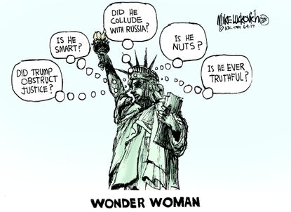 Political cartoon U.S. Wonder Woman Statue of Liberty Russia investigation Trump lies