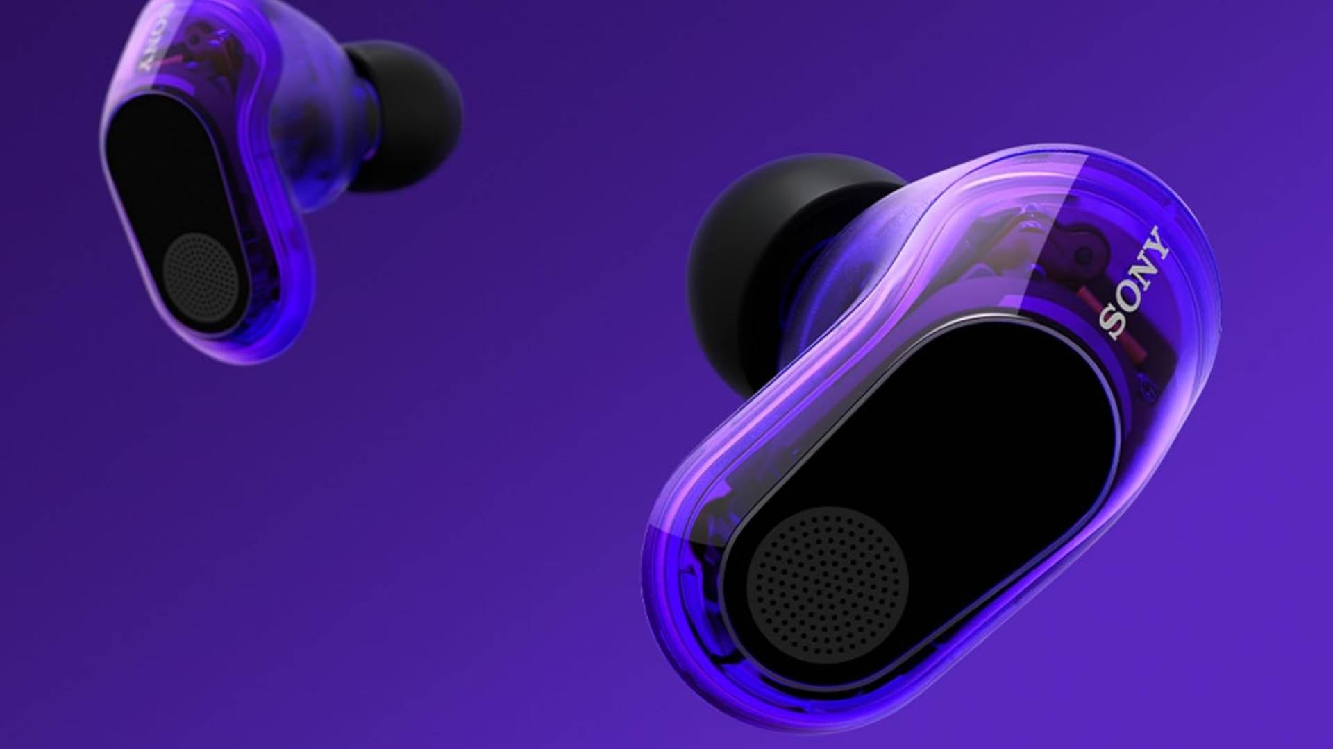 Official marketing image showing the Glass Purple Sony Inzone Buds on a purple background.
