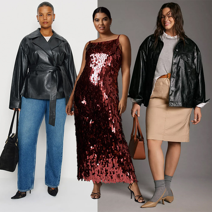 model wears leather cropped trench and jeans, model wears red sequins dress and heels, model wears patent faux leather jacket gray sweater, tan pencil skirt and tan heels