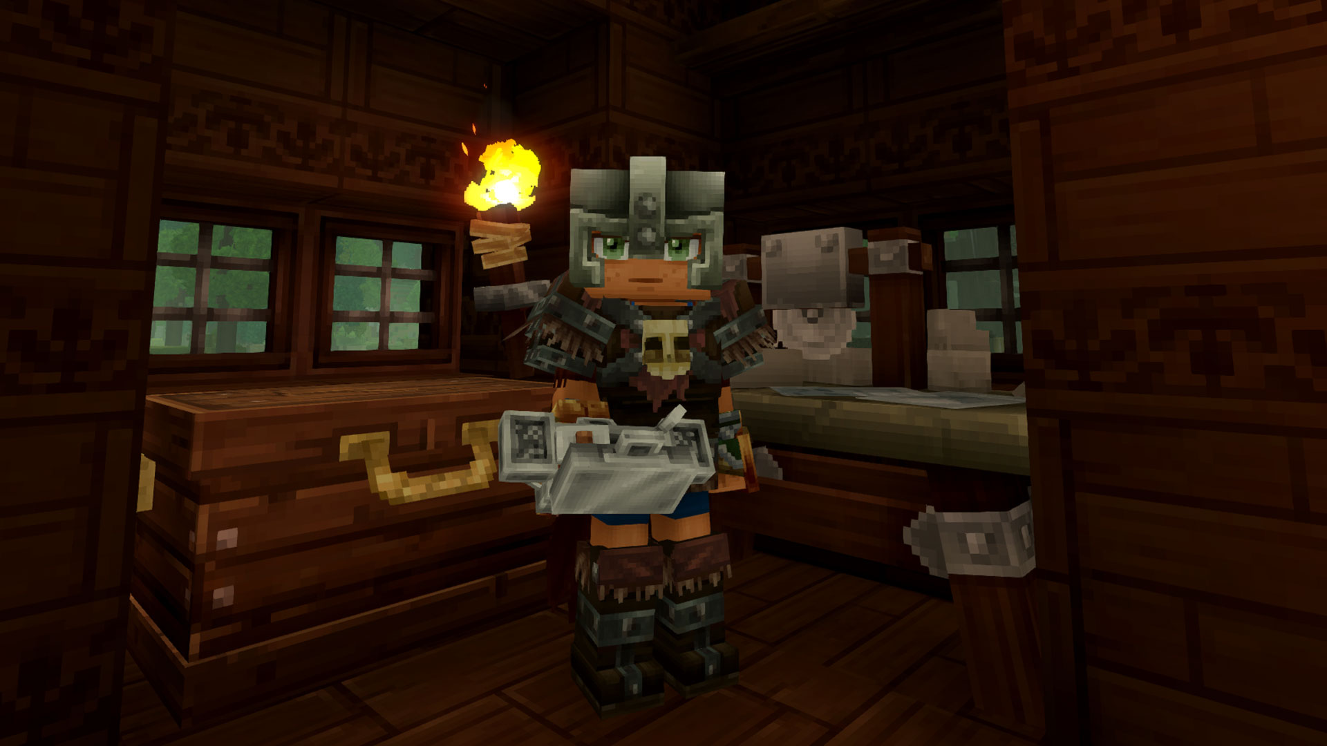 A Hytale player character holding a Repair Kit beside a workbench. 