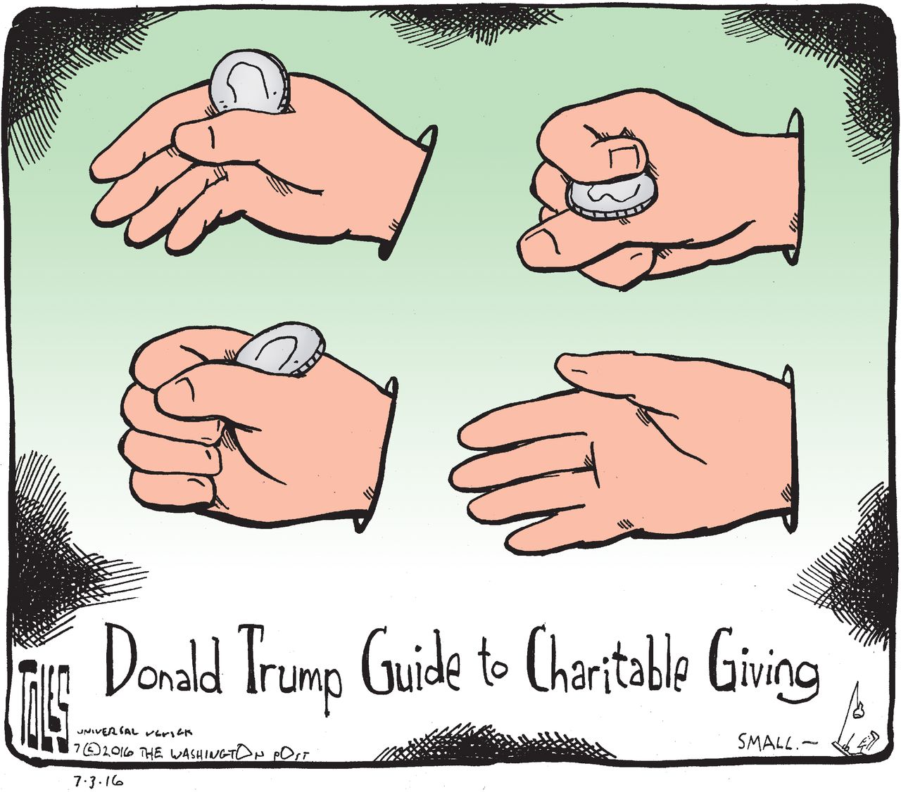 Editorial cartoon U.S. Donald Trump charity money