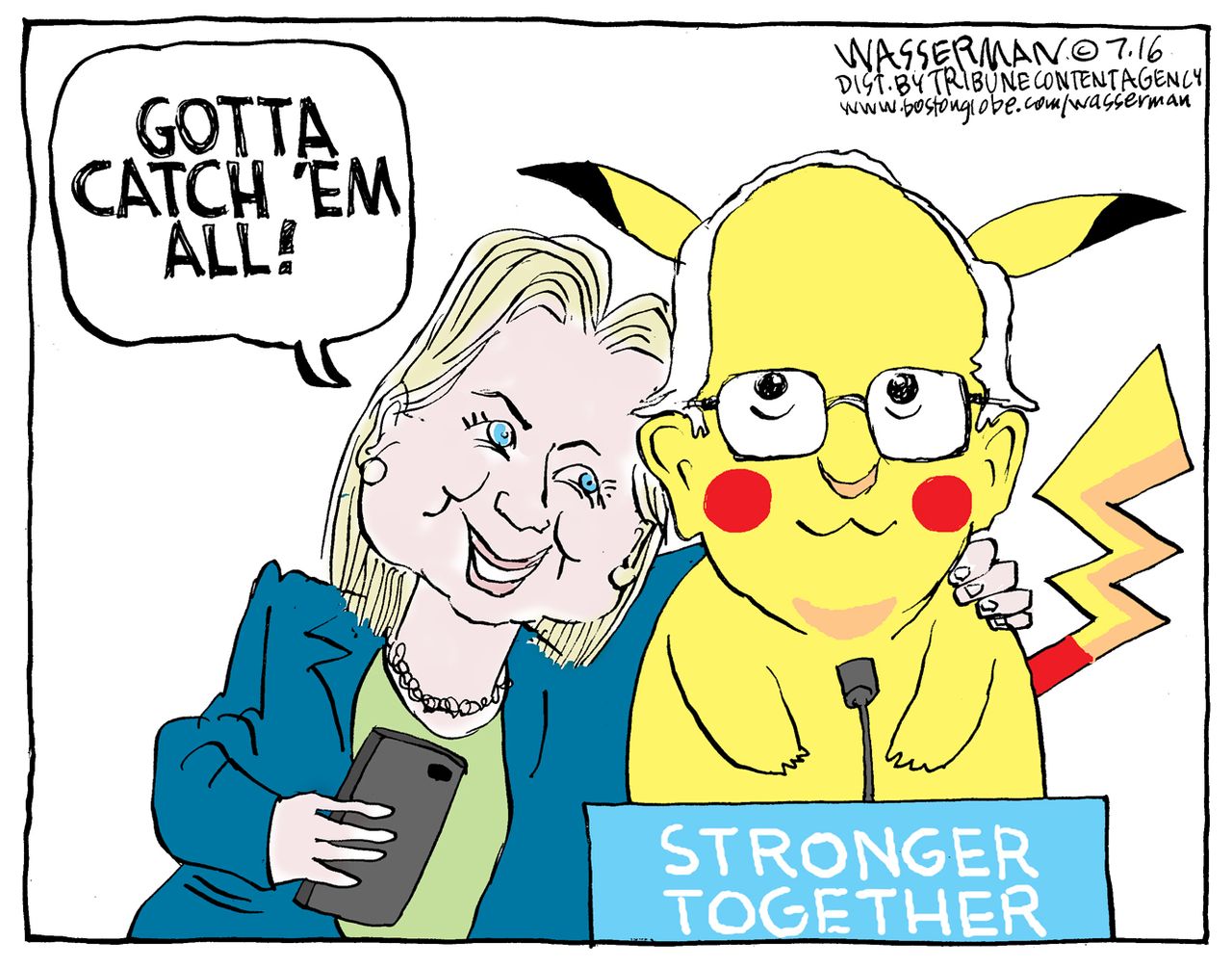 Political cartoon U.S. Hillary Clinton Bernie Sanders Pokemon Go endorsement