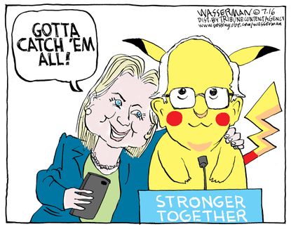 Political cartoon U.S. Hillary Clinton Bernie Sanders Pokemon Go endorsement
