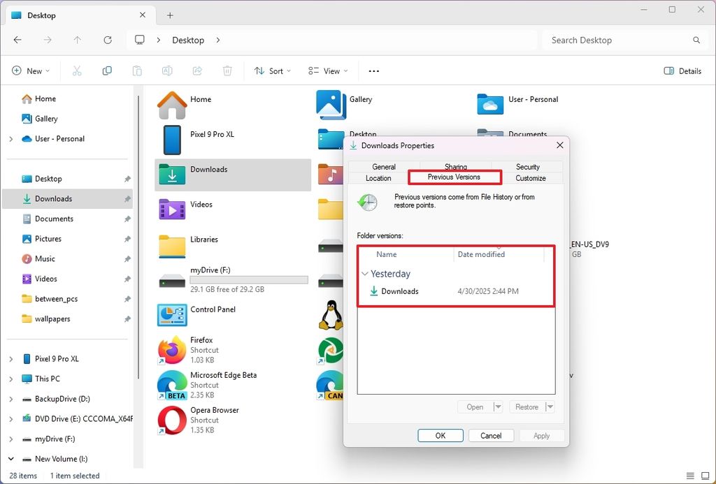 File History restore from folder properties