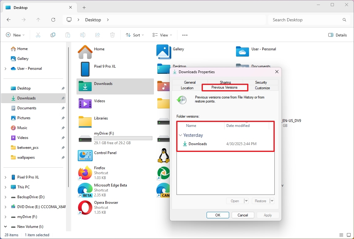 File History restore from folder properties