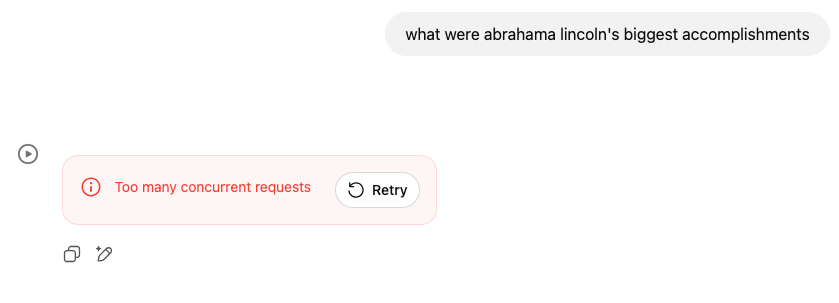 Screenshot of ChatGPT showing a 'too many concurrent requests' error as part of an outage on June 10, 2025.