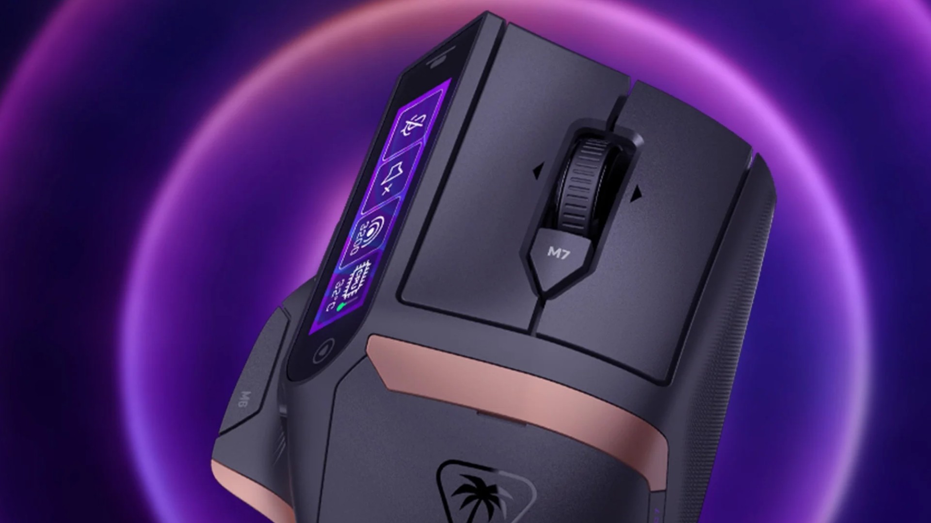 Turtle Beach Command Series MC7 gaming mouse on a circular purple background