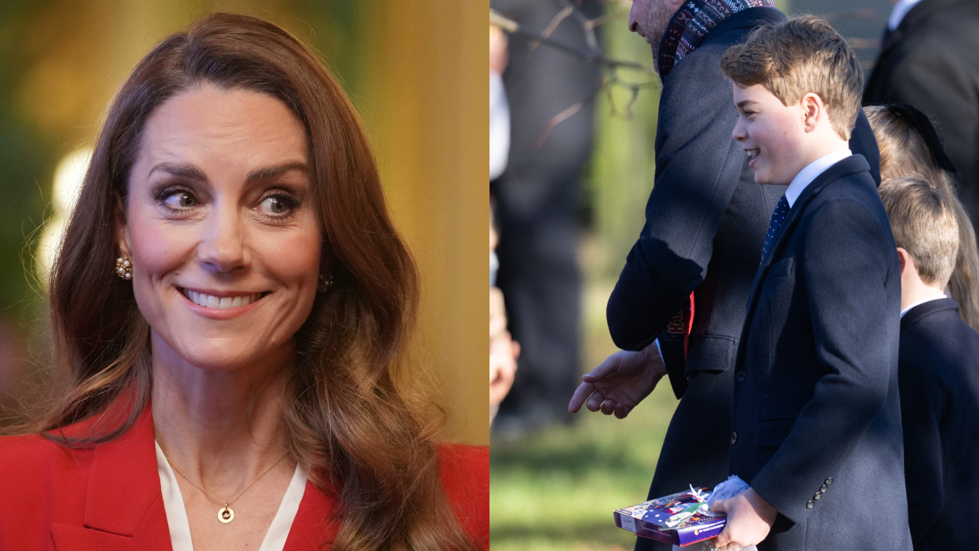 Princess Kate wearing a red dress and smirking; Prince George walking with a gift