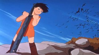 Cartoons of the 1960s; A young person, seemingly a child, is depicted in an animated scene, struggling to lift a large object.