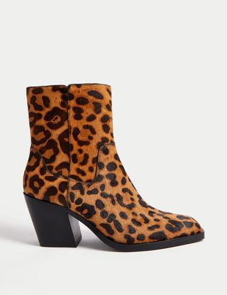 Leather Leopard Print Block Heel Ankle Boots