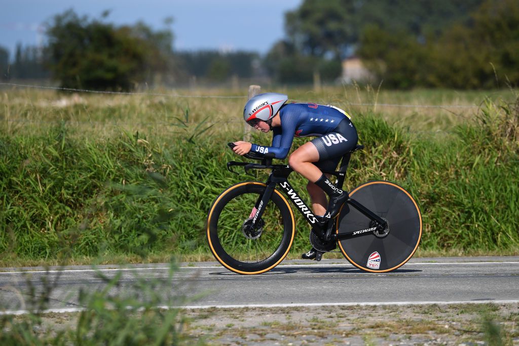 BRUGES BELGIUM SEPTEMBER 21 Olivia Cummins of The United States sprints during the 94th UCI Road World Championships 2021 Women Junior ITT a 193km Individual Time Trial race from KnokkeHeist to Bruges flanders2021 ITT on September 21 2021 in Bruges Belgium Photo by Tim de WaeleGetty Images