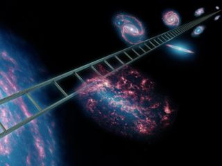 Scientists use a cosmic distance ladder to measure the expansion rate of the universe. The ladder, symbolically shown here, is a series of stars and other objects within galaxies that have known distances. By combining these distance measurements with the