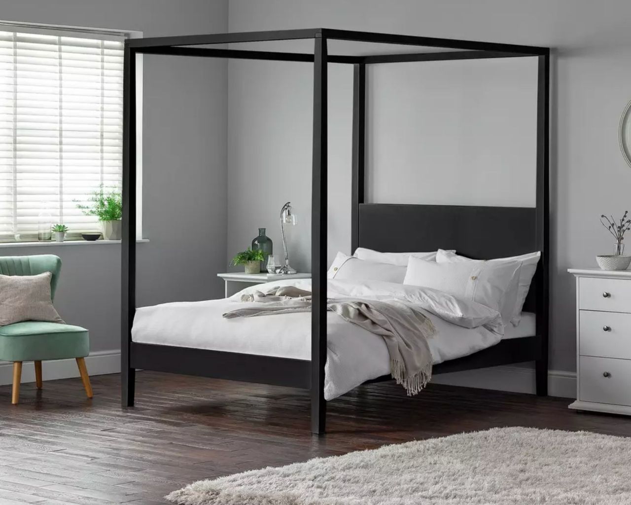 Habitat Blissford Four Poster Double Bed Frame inside grey bedroom with wooden floors